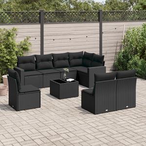 VidaXL 9-delige Loungeset met kussens poly rattan zwart