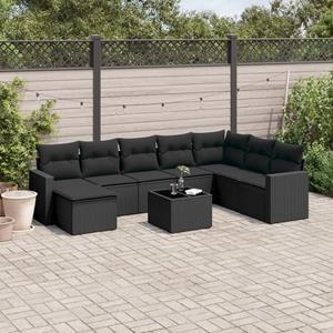 VidaXL 9-delige Loungeset met kussens poly rattan zwart