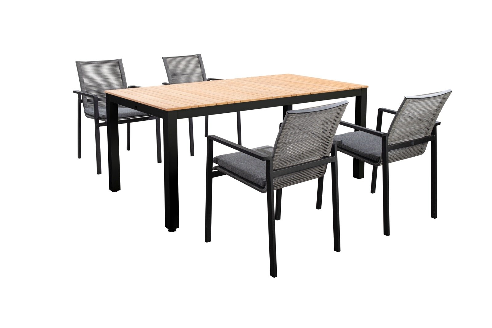Yoi Tuinset Arashi tafel dark grey, teak 169x90 cm met 4 stoelen Vedella stoel dark grey, rope dark grey inclusief kussens - 