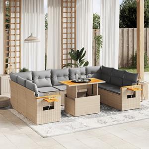 vidaXL 11-delige Tuinset met kussens poly rattan beige