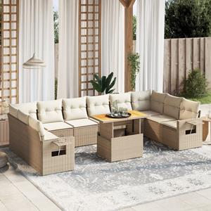 vidaXL 11-delige Tuinset met kussens poly rattan beige