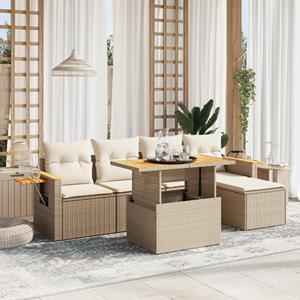 vidaXL 6-delige Loungeset met kussens poly rattan beige