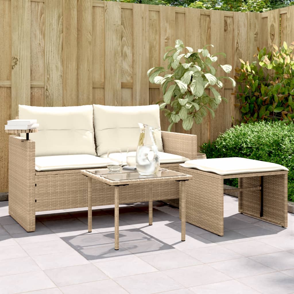 VidaXL 3-delige Loungeset met kussens poly rattan beige