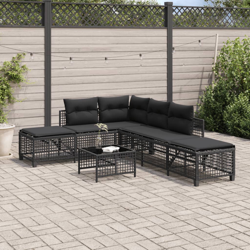 vidaXL 3-delige Loungeset met kussens poly rattan zwart