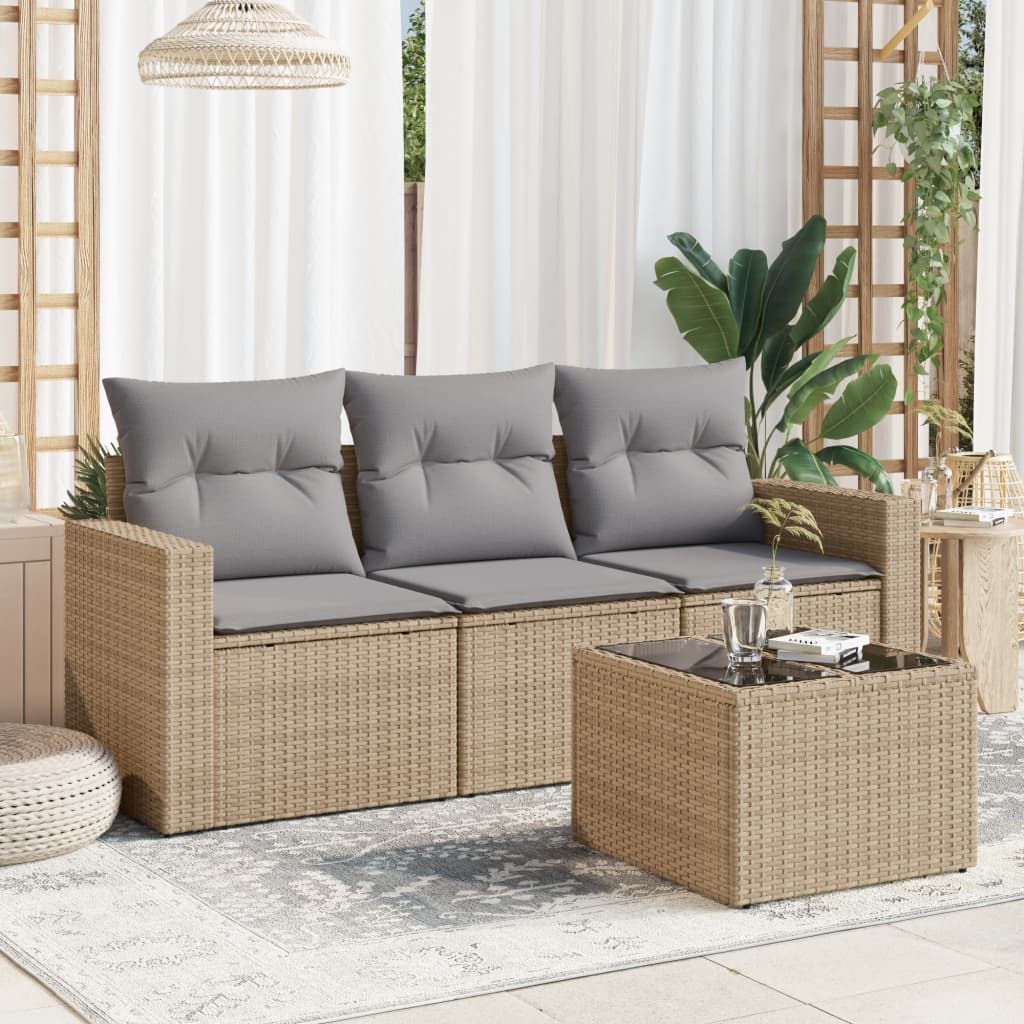 VidaXL 4-delige Loungeset met kussens poly rattan beige