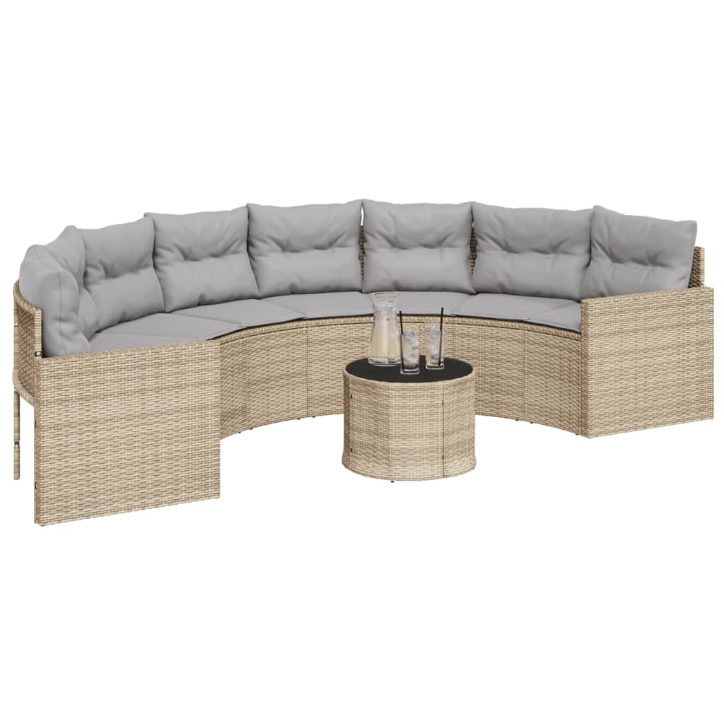 vidaXL Tuinbank met tafel en kussens halfrond poly rattan beige