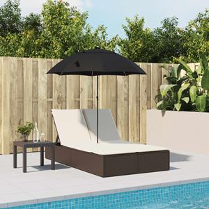 vidaXL Ligbed 2-persoons met kussens en parasol poly rattan bruin