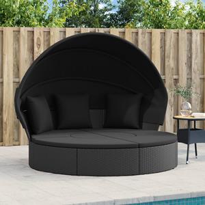 VidaXL Loungebed met luifel en kussens poly rattan zwart