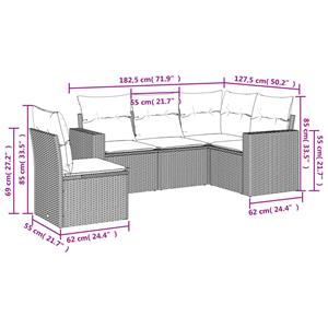 vidaXL 5-delige Loungeset met kussens poly rattan lichtgrijs