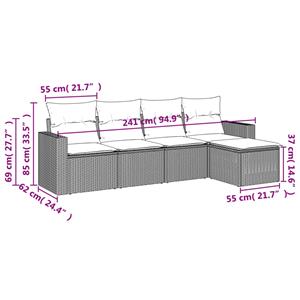 vidaXL 5-delige Loungeset met kussens poly rattan lichtgrijs