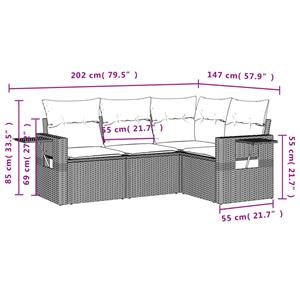 vidaXL 4-delige Loungeset met kussens poly rattan lichtgrijs