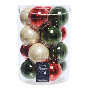 Decoris 18x stuks glazen kerstballen donkergroen, rood en champagne glans 8 cm -