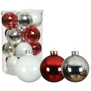 Decoris 18x stuks glazen kerstballen wit, rood en zilver glans 8 cm -