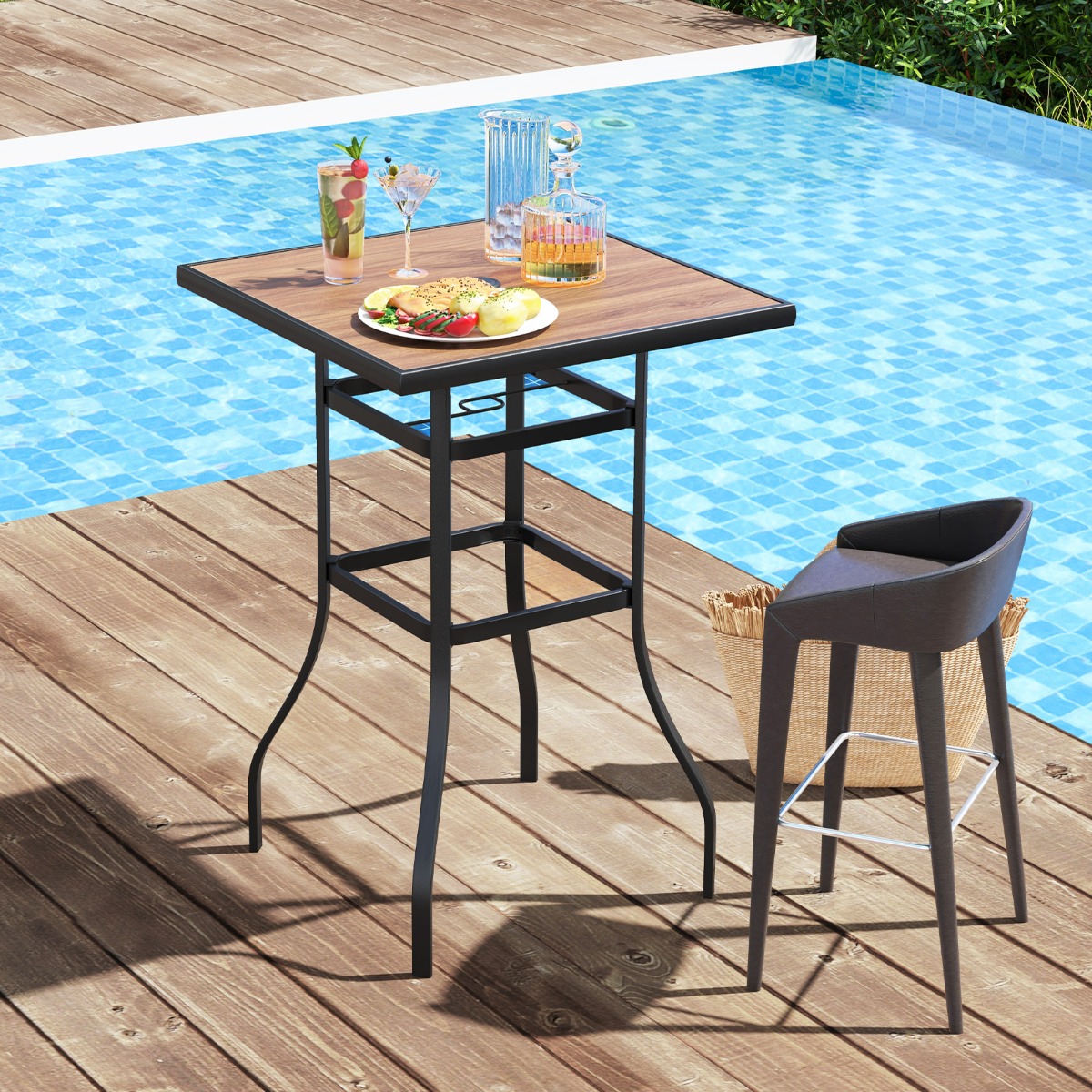 Costway 70 cm Lange en Brede Terrasbartafel Vierkante Barhoogtetafel met 39 mm Gat voor Parasols en Stevig Metalen Frame Zwart