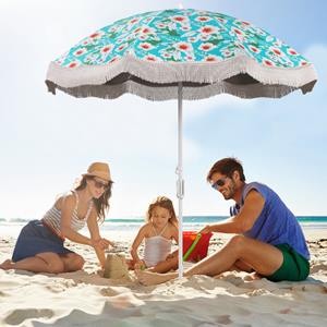 Costway 200 cm Strandparaplu met Franjes Parasol met Kwastjes en Kantelknop Zandanker 8 Stevige Stutten en Draagtas Robuuste Vintage Paraplu