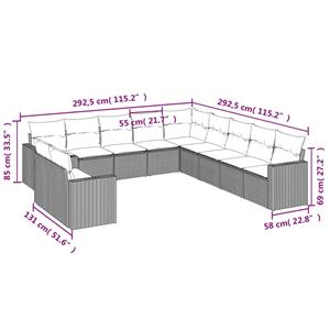 vidaXL 11-delige Loungeset met kussens poly rattan lichtgrijs