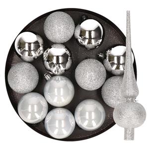 Merkloos 12x stuks kunststof kerstballen 6 cm inclusief glitter piek zilver -