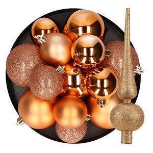 Merkloos 24x stuks kunststof kerstballen 6 cm inclusief glitter piek koper -