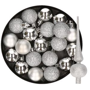 Merkloos 24x stuks kunststof kerstballen 6 cm inclusief glitter piek zilver -