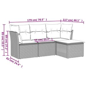 vidaXL 4-delige Loungeset met kussens poly rattan lichtgrijs