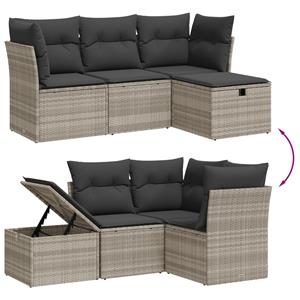 vidaXL 4-delige Loungeset met kussens poly rattan lichtgrijs