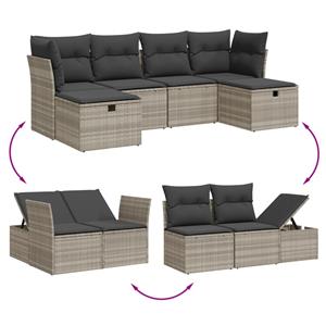 vidaXL 6-delige Loungeset met kussens poly rattan lichtgrijs