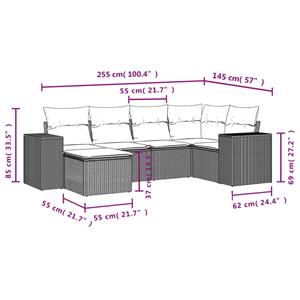 vidaXL 6-delige Loungeset met kussens poly rattan lichtgrijs