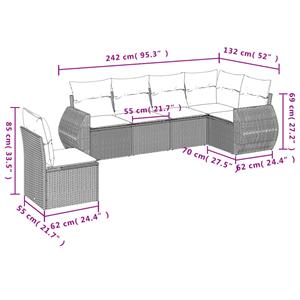 vidaXL 6-delige Loungeset met kussens poly rattan lichtgrijs