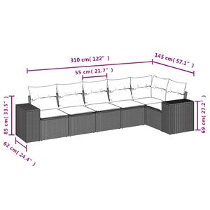 vidaXL 6-delige Loungeset met kussens poly rattan lichtgrijs