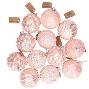 G. Wurm Kerstballen - roze - 12 stuks - glas - luxe - gedecoreerd -