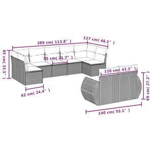 vidaXL 9-delige Loungeset met kussens poly rattan lichtgrijs