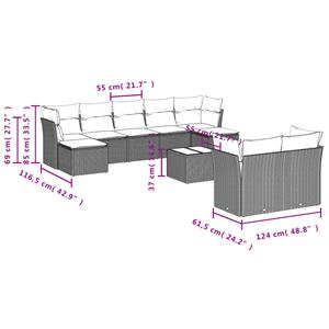 vidaXL 10-delige Loungeset met kussens poly rattan lichtgrijs