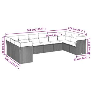 vidaXL 10-delige Loungeset met kussens poly rattan lichtgrijs