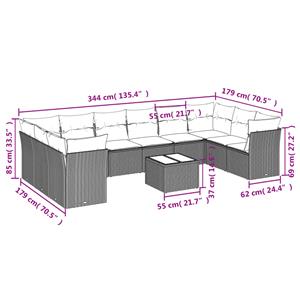 vidaXL 11-delige Loungeset met kussens poly rattan lichtgrijs