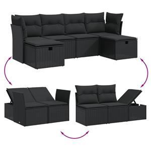 vidaXL 6-delige Loungeset met kussens poly rattan zwart