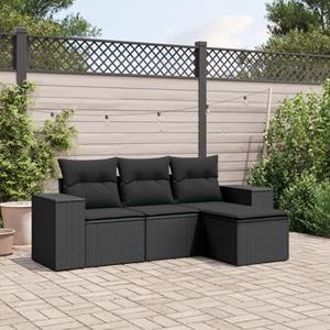 VidaXL 4-delige Loungeset met kussens poly rattan zwart