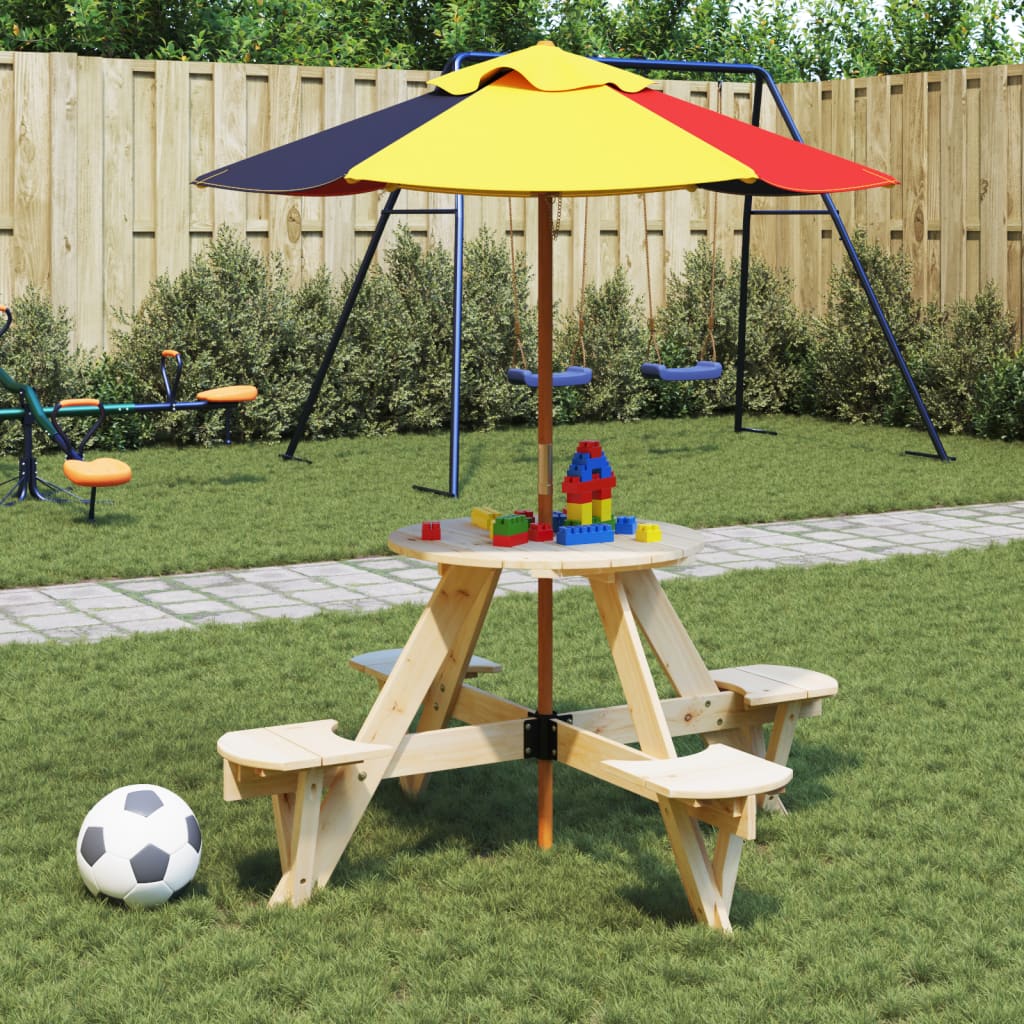 vidaXL Picknicktafel voor 4 kinderen met parasolgat rond vurenhout