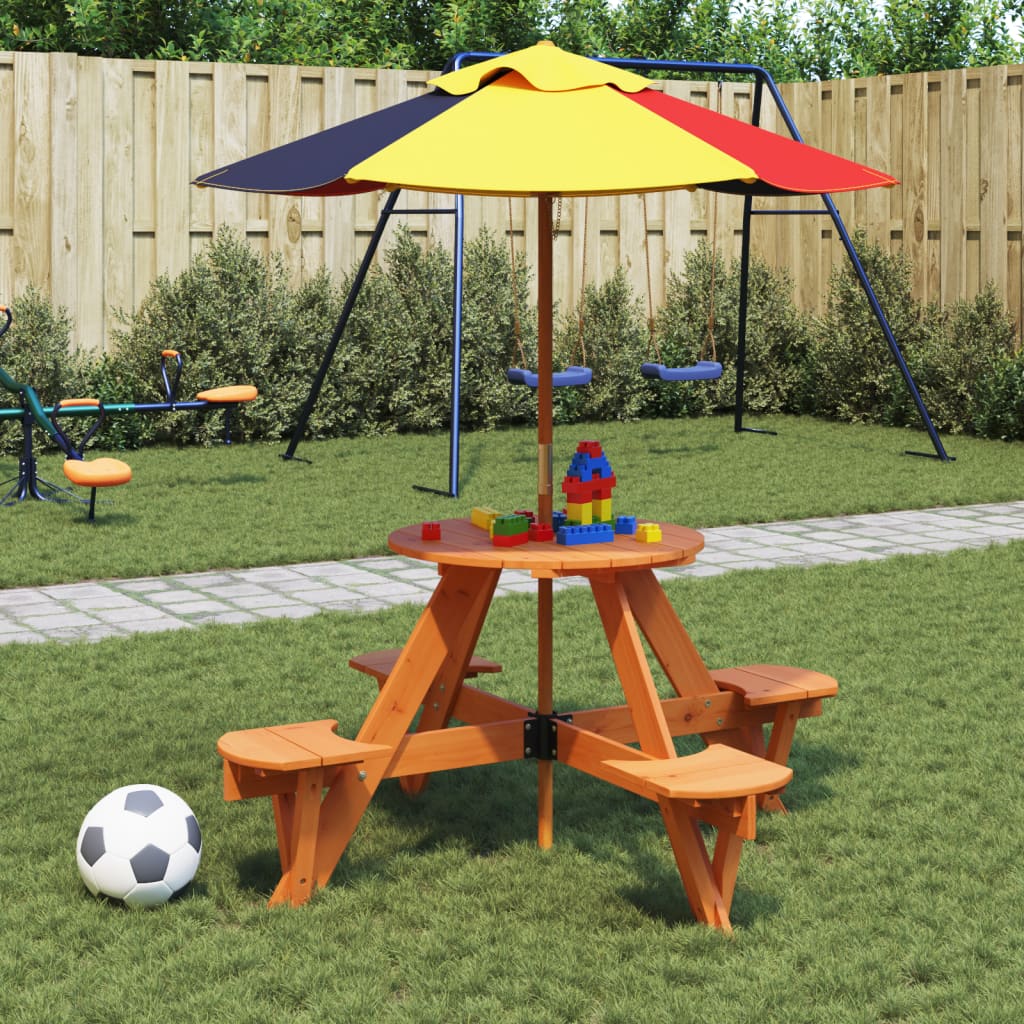 vidaXL Picknicktafel voor 4 kinderen met parasolgat rond vurenhout