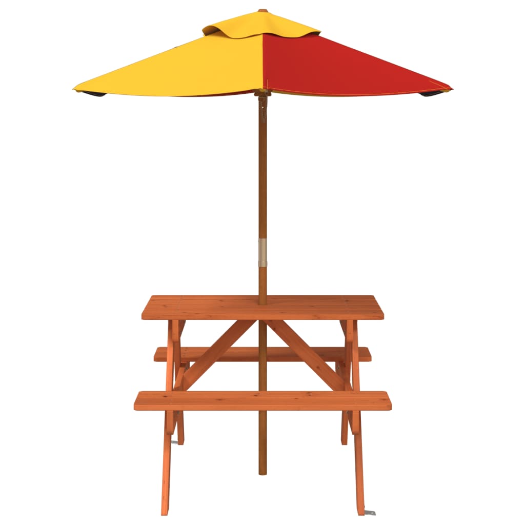 vidaXL Picknicktafel voor 4 kinderen met parasol massief vurenhout