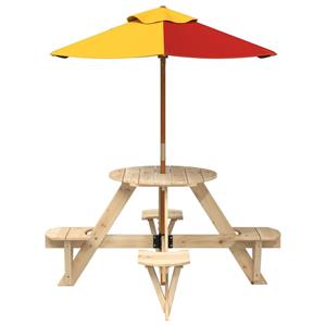 vidaXL Picknicktafel voor 4 kinderen met parasol rond vurenhout