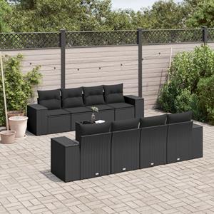 VidaXL 9-delige Loungeset met kussens poly rattan zwart