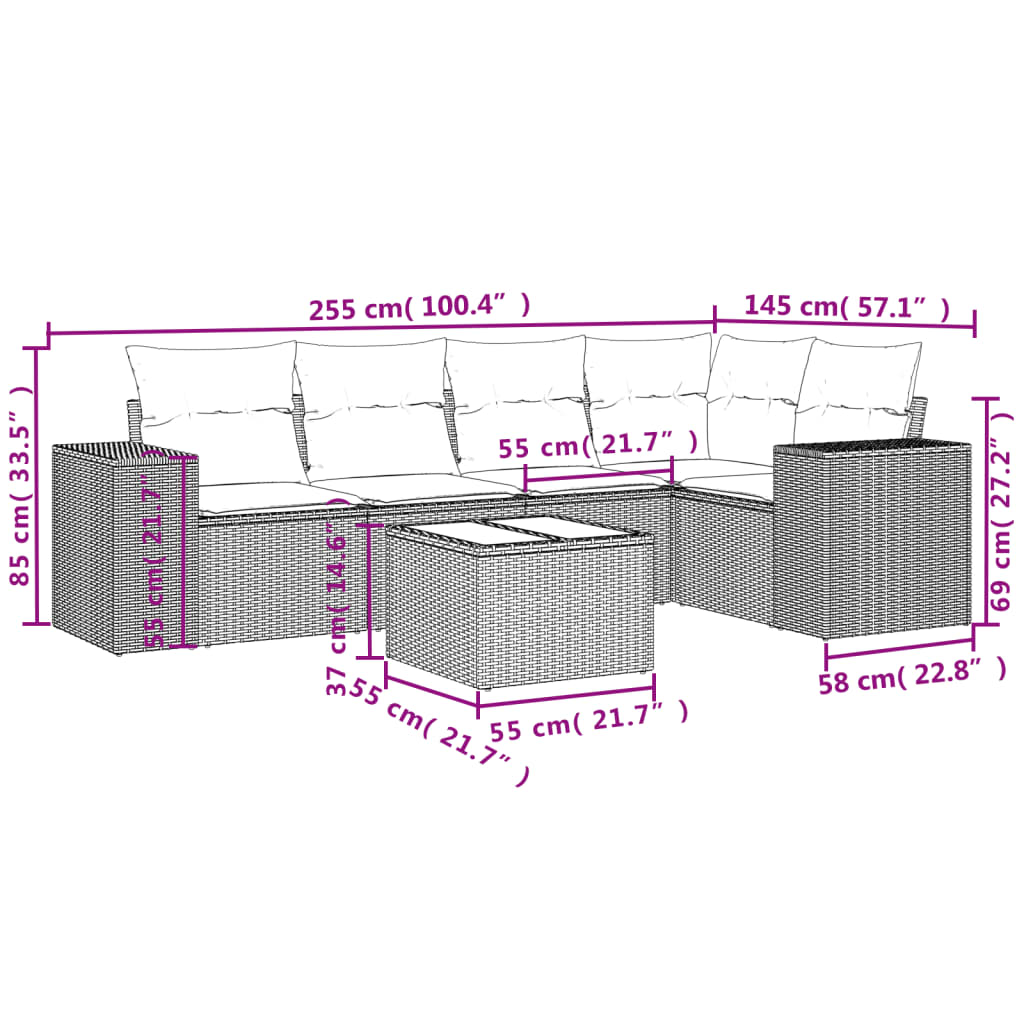 vidaXL 6-delige Loungeset met kussens poly rattan zwart