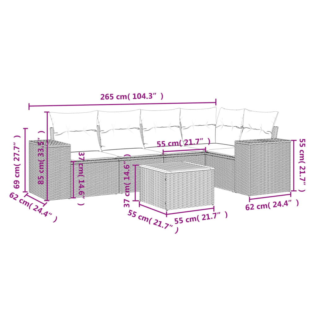 vidaXL 6-delige Loungeset met kussens poly rattan zwart