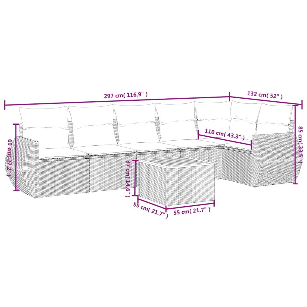 vidaXL 7-delige Loungeset met kussens poly rattan zwart