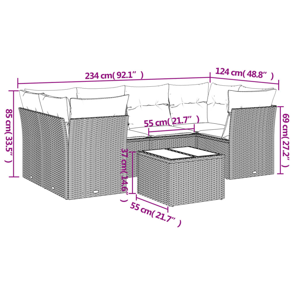 vidaXL 7-delige Loungeset met kussens poly rattan zwart