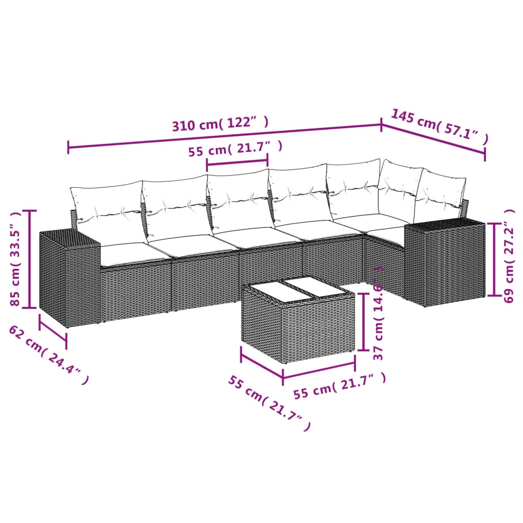 vidaXL 7-delige Loungeset met kussens poly rattan zwart