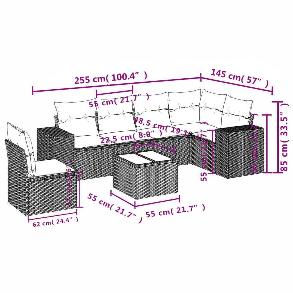 vidaXL 7-delige Loungeset met kussens poly rattan zwart