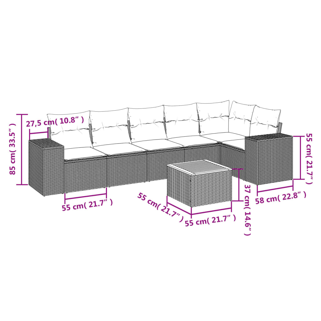 vidaXL 7-delige Loungeset met kussens poly rattan zwart