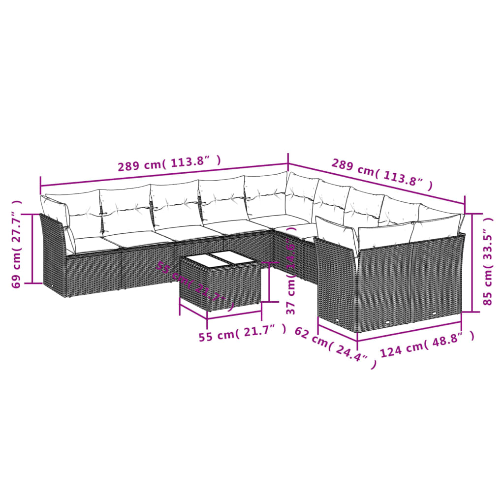 vidaXL 11-delige Loungeset met kussens poly rattan zwart