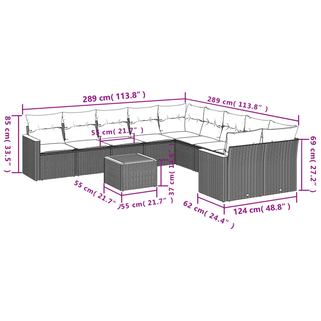 vidaXL 11-delige Loungeset met kussens poly rattan zwart